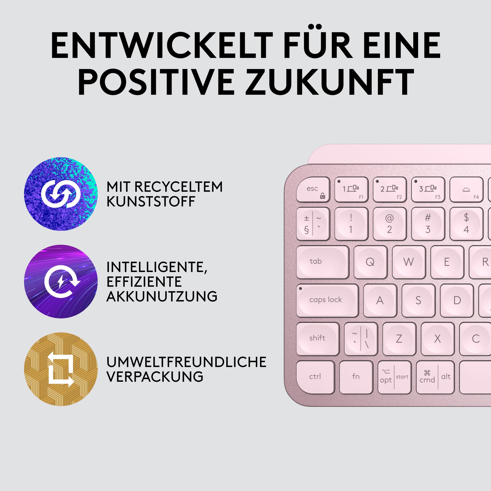 Logitech MX Keys Mini – Tastatur, kabellos (Bluetooth), DE-Layout (DE), beleuchtet, Rosa