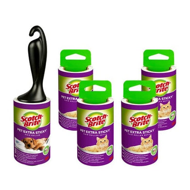 3M Scotch-Brite Fusselroller Pet Extra Sticky – 1 Roller, 4 Ersatzrollen, Kunststoff, schwarz