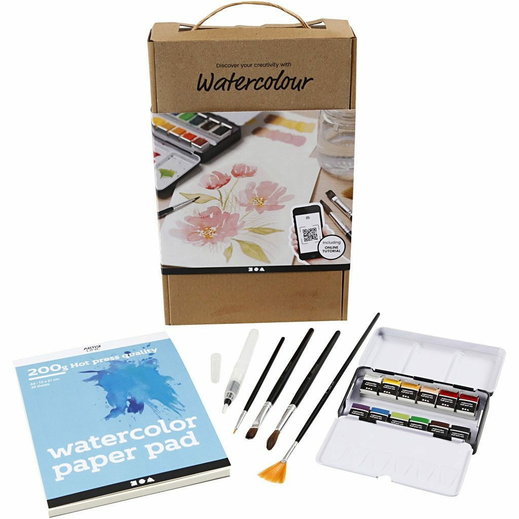 Creativ Company Bastelset Aquarell – inkl. Pinsel, Malvorlage, Farbe – Mehrfarbig