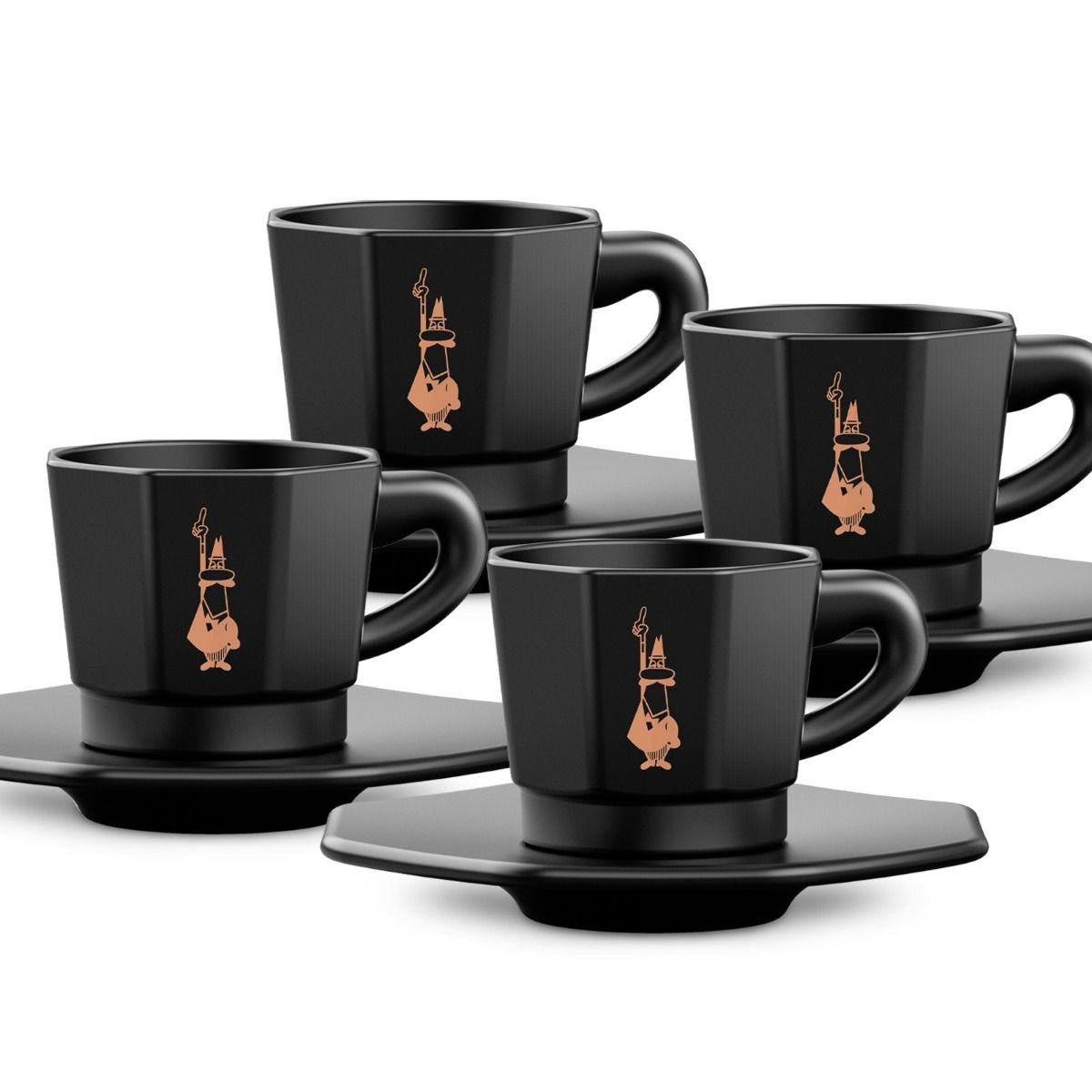 Bialetti Espressotasse – 4er Set, 80 ml, Porzellan, Schwarz, mit Unterteller