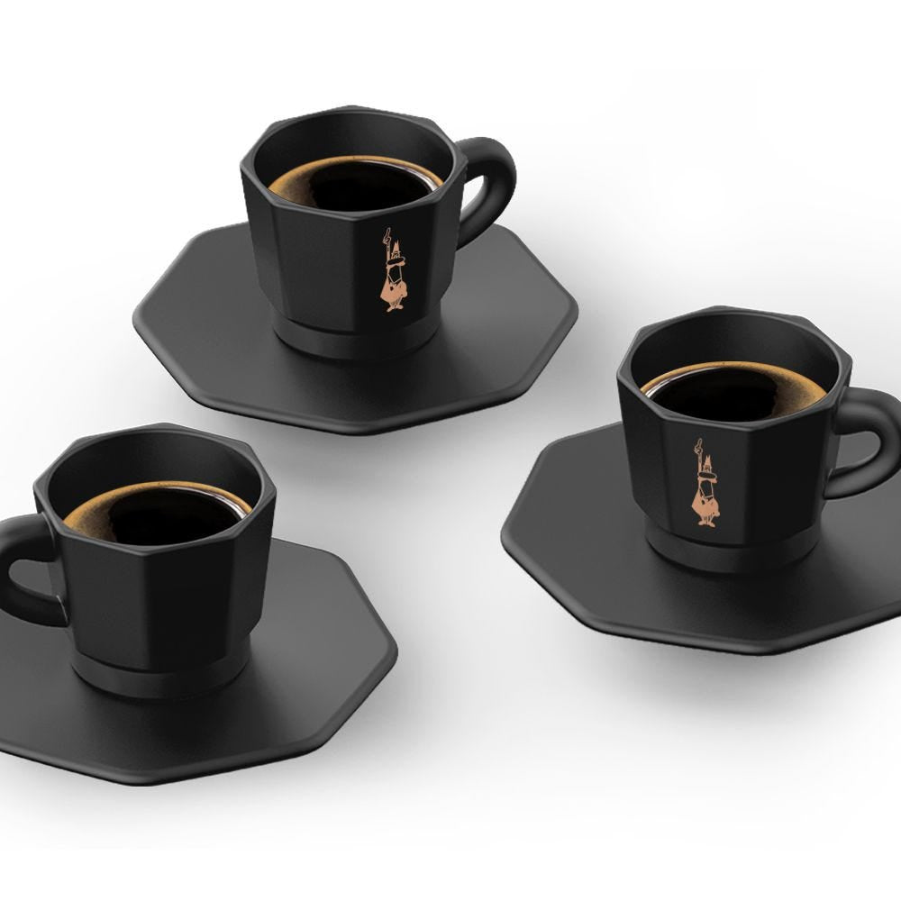 Bialetti Espressotasse – 4er Set, 80 ml, Porzellan, Schwarz, mit Unterteller