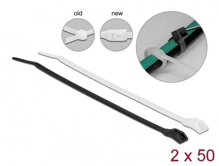 DeLOCK Kabelbinder, 100er-Pack, Polyamid, flammhemmend (UL94 V2) – schwarz/transparent