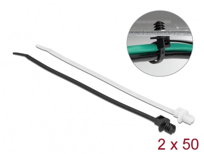 DeLOCK Kabelbinder 200 × 4,8 mm, Polyamid, Schwarz/Transparent, mit Befestigungsclip, 100 Stk.