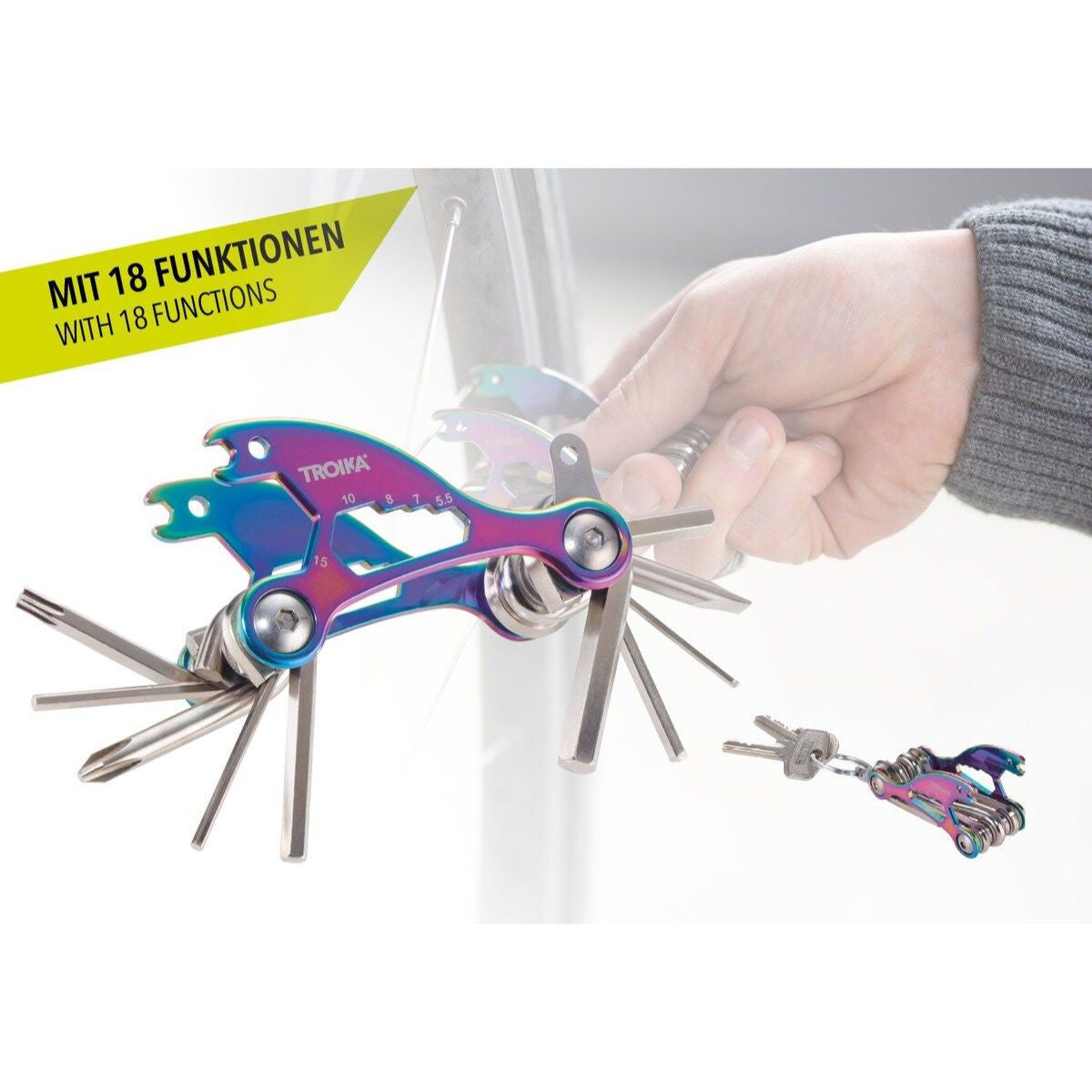 TROIKA Multitool-Schlüsselanhänger – 18 Funktionen, Karbonstahl/Edelstahl, Mehrfarbig