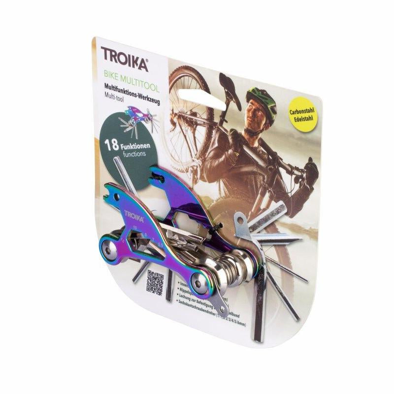 TROIKA Multitool-Schlüsselanhänger – 18 Funktionen, Karbonstahl/Edelstahl, Mehrfarbig