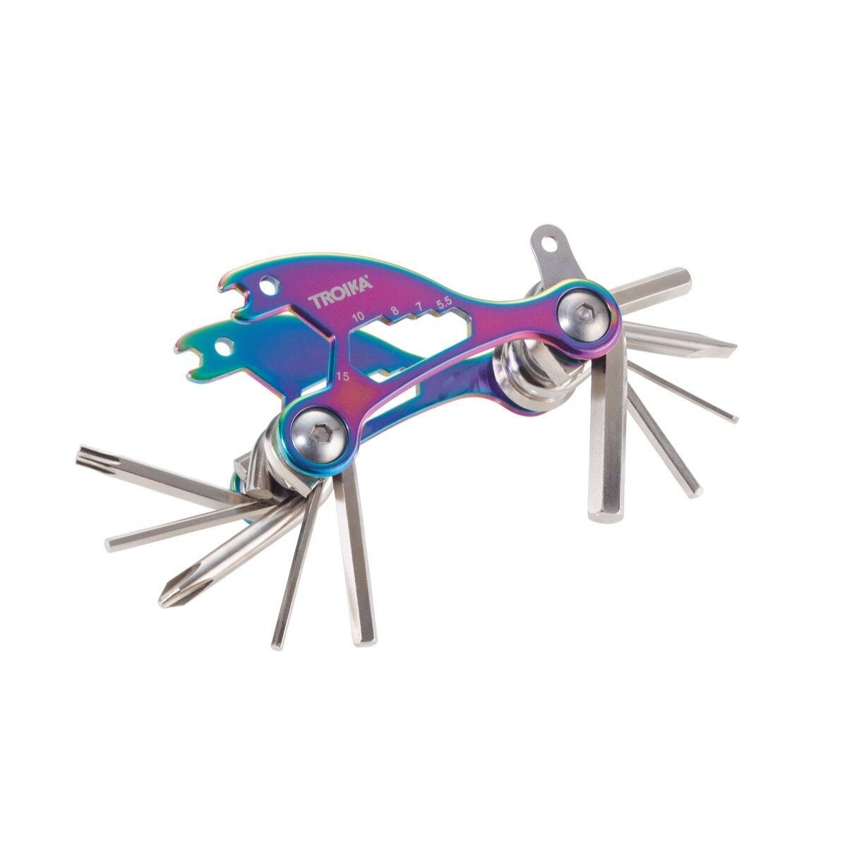 TROIKA Multitool-Schlüsselanhänger – 18 Funktionen, Karbonstahl/Edelstahl, Mehrfarbig