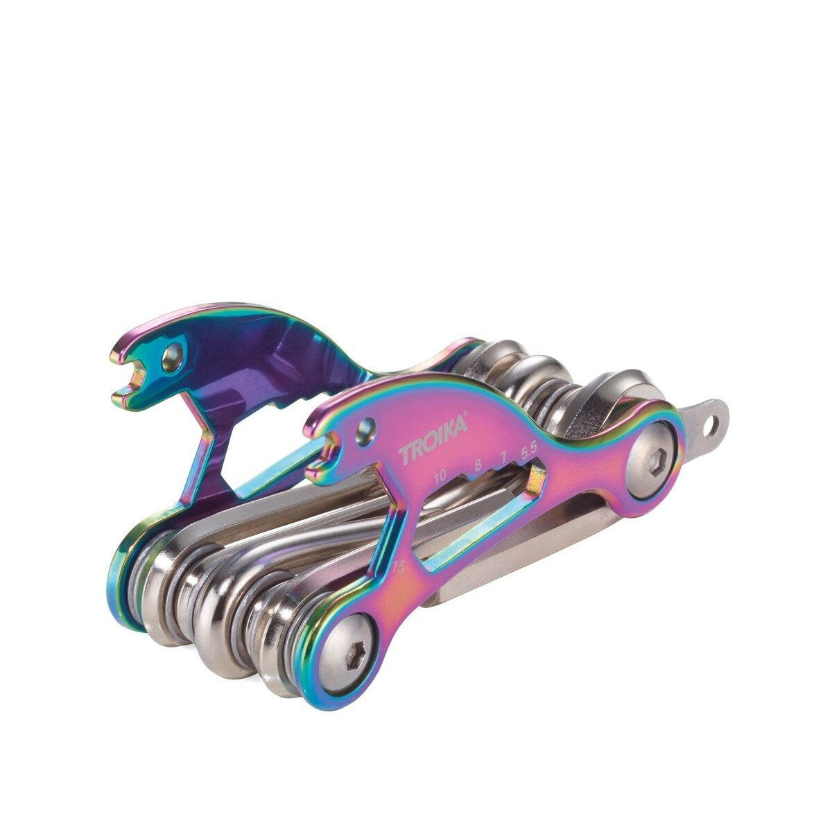 TROIKA Multitool-Schlüsselanhänger – 18 Funktionen, Karbonstahl/Edelstahl, Mehrfarbig