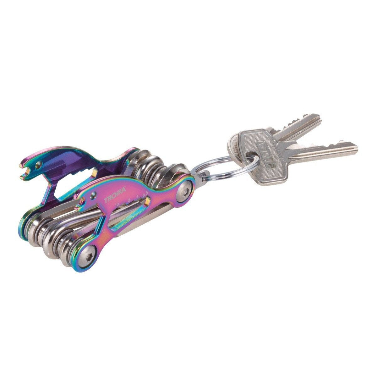 TROIKA Multitool-Schlüsselanhänger – 18 Funktionen, Karbonstahl/Edelstahl, Mehrfarbig
