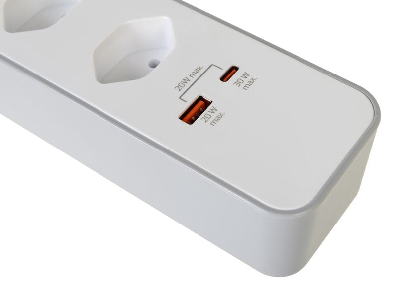 Furber. F.power Steckdosenleiste – 4× T13, USB‑A/C, 1,5 m, mit Schalter, Weiss