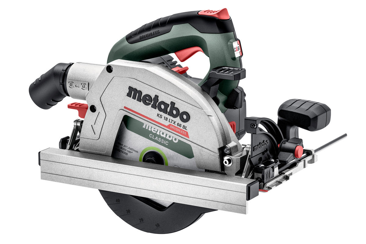 Metabo Handkreissäge KS 18 LTX 66 BL – 18 V (CAS) – Sägeblattdurchmesser 165 mm – Solo, mit Führungsschiene