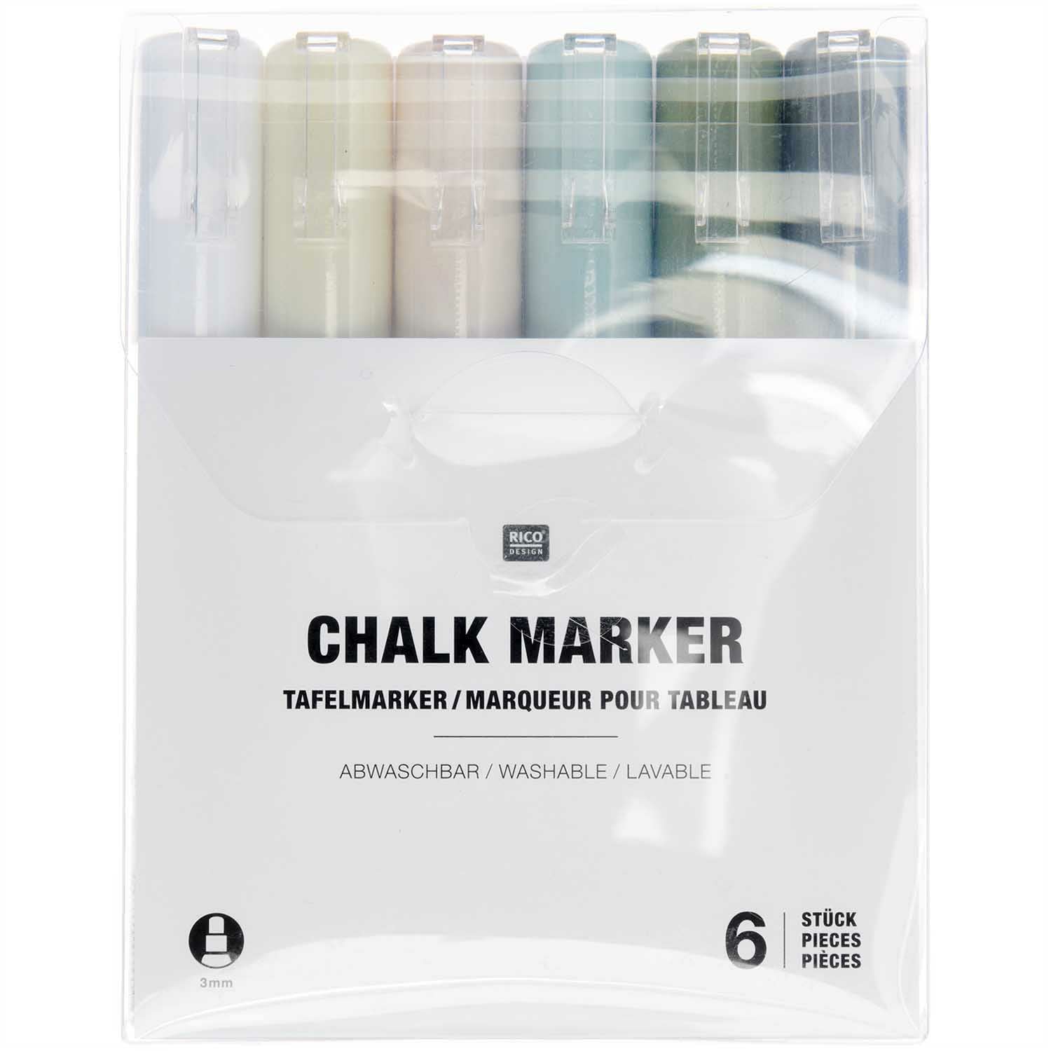 Rico Design 500030 Kreidemarker – 3 mm – 6er-Set, Beige/Blau/Grün, für Glas/Tafel