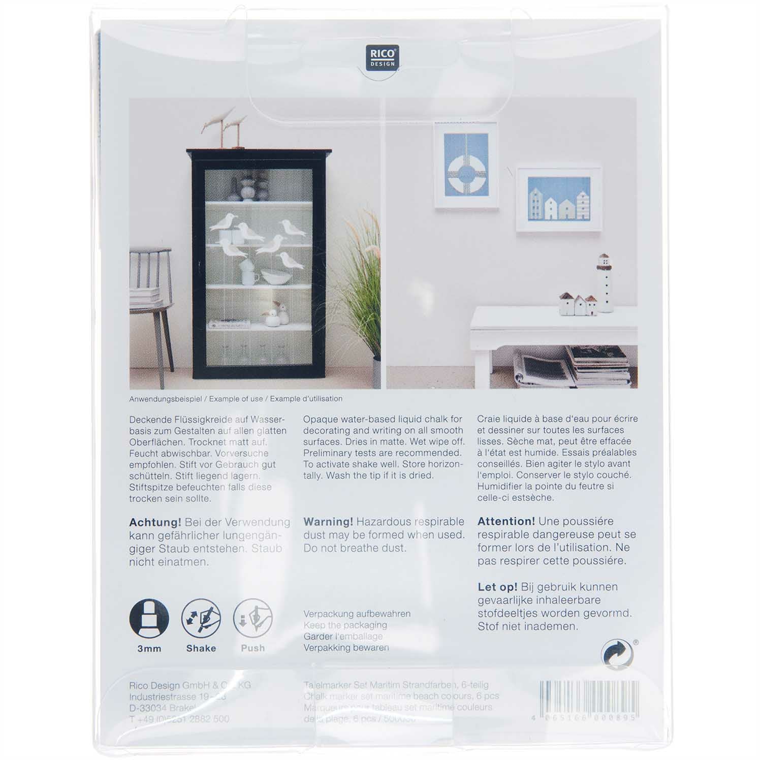 Rico Design 500030 Kreidemarker – 3 mm – 6er-Set, Beige/Blau/Grün, für Glas/Tafel