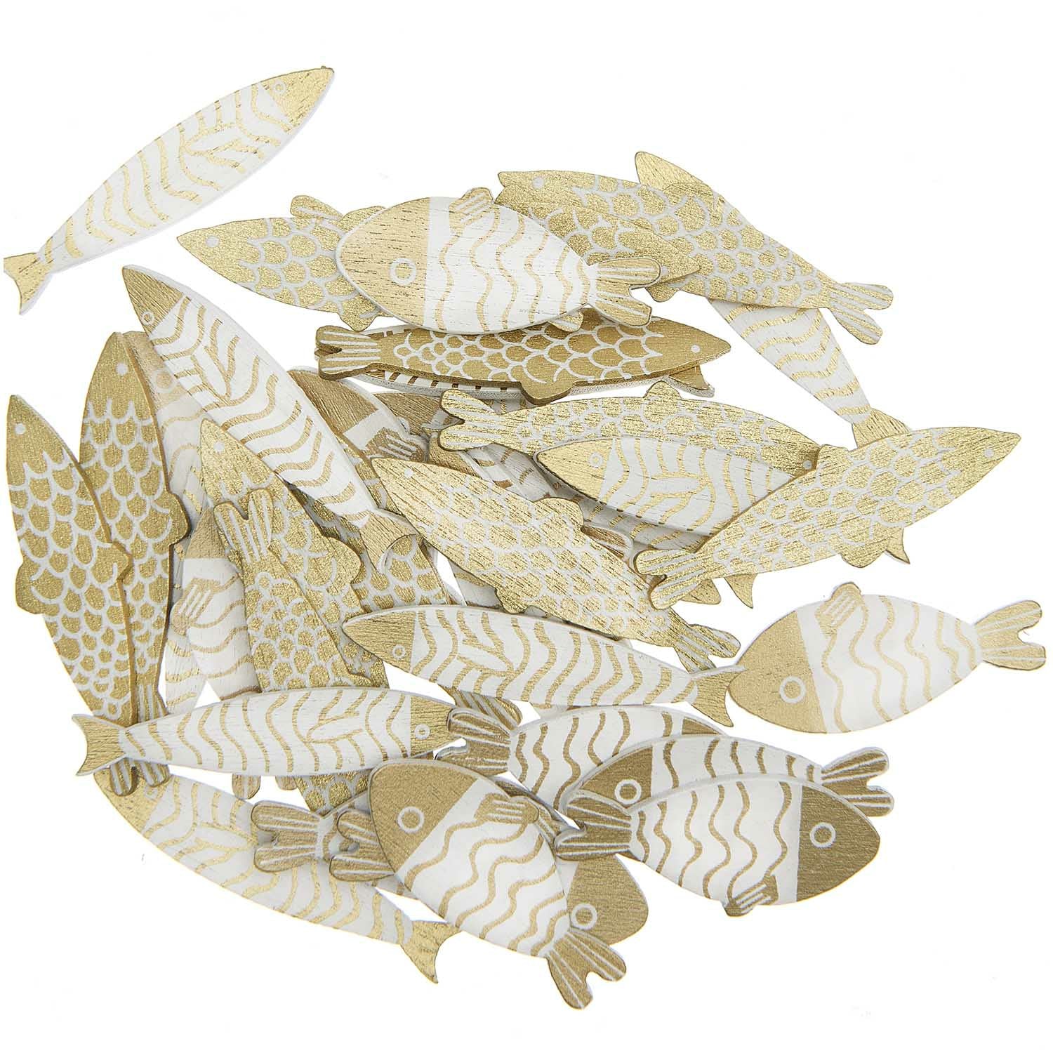 Rico Design Streudeko, Fische, Holz (Pappel), Gold, Weiss, Set à 36