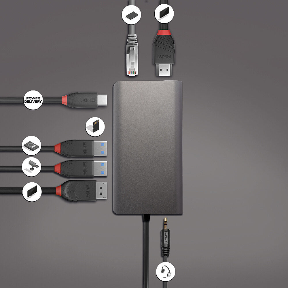 Lindy 43323 Multiport-Adapter – USB-C, 1× DP, 1× HDMI, 1× USB-A, 100 W PD, GbE, SD, 3,5 mm Audio