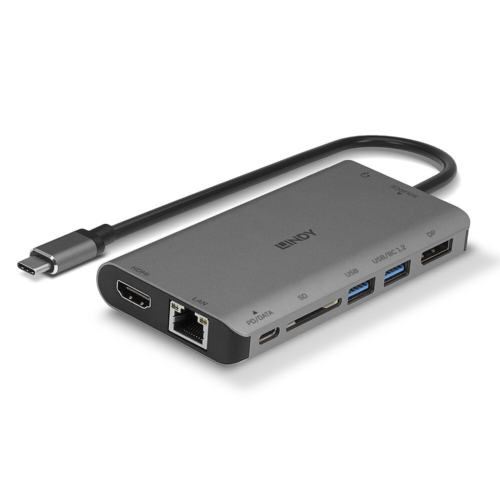 Lindy 43323 Multiport-Adapter – USB-C, 1× DP, 1× HDMI, 1× USB-A, 100 W PD, GbE, SD, 3,5 mm Audio