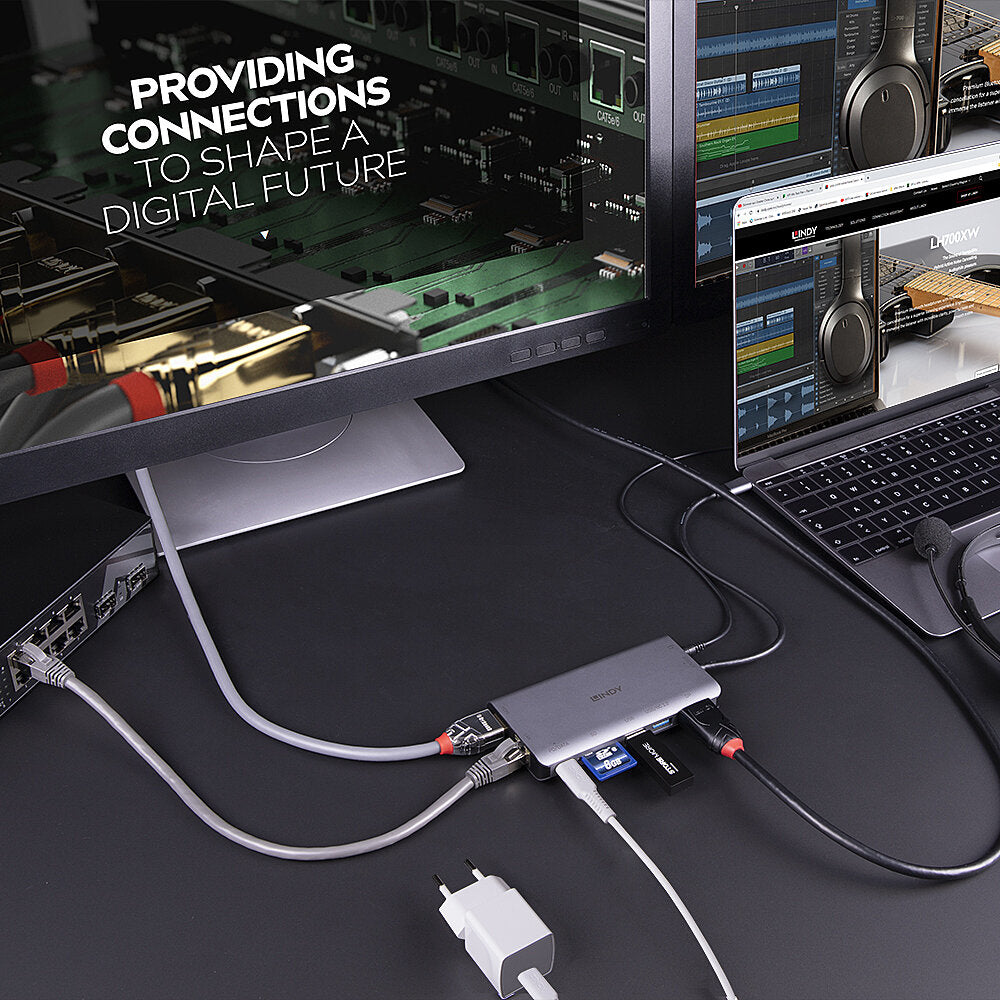 Lindy 43323 Multiport-Adapter – USB-C, 1× DP, 1× HDMI, 1× USB-A, 100 W PD, GbE, SD, 3,5 mm Audio