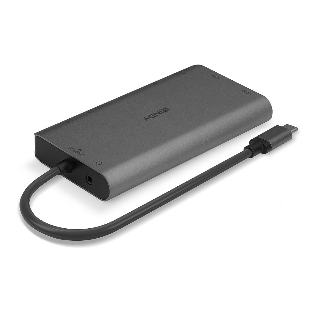 Lindy 43323 Multiport-Adapter – USB-C, 1× DP, 1× HDMI, 1× USB-A, 100 W PD, GbE, SD, 3,5 mm Audio