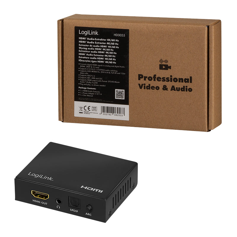 LogiLink HD0055 – HDMI Audio Extractor, 1× HDMI In / 2× HDMI Out, S/PDIF & 3,5 mm Out, externes 5 V Netzteil