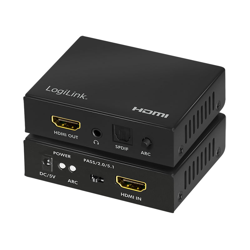 LogiLink HD0055 – HDMI Audio Extractor, 1× HDMI In / 2× HDMI Out, S/PDIF & 3,5 mm Out, externes 5 V Netzteil