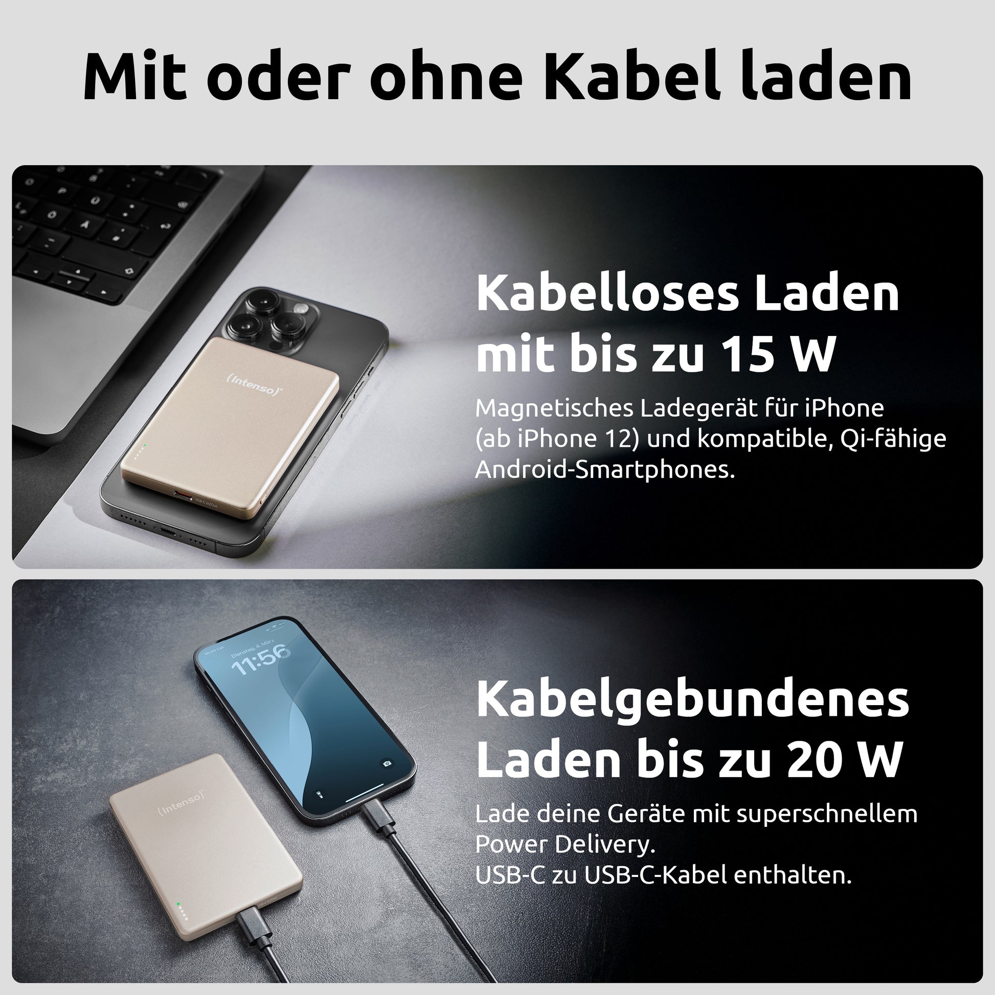 Intenso MW5000 MagSafe Powerbank 5'000 mAh – 20 W PD, Wireless 15 W, 1× USB-C, Champagner, für iPhone ab 12