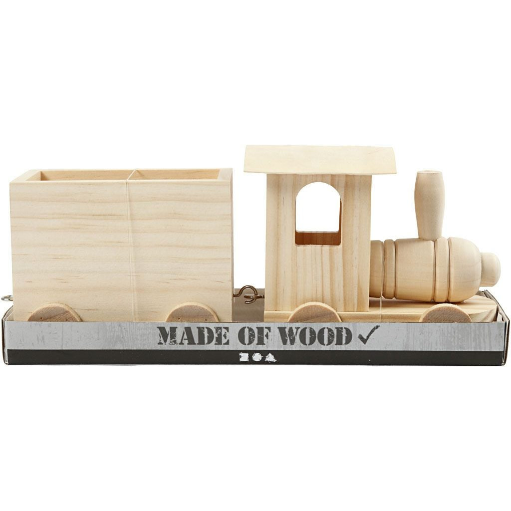 Creativ Company 57977 Holzzug mit Anhänger – 21,5 × 9,5 × 6,5 cm – 2 Stück – Holz, Hellbraun