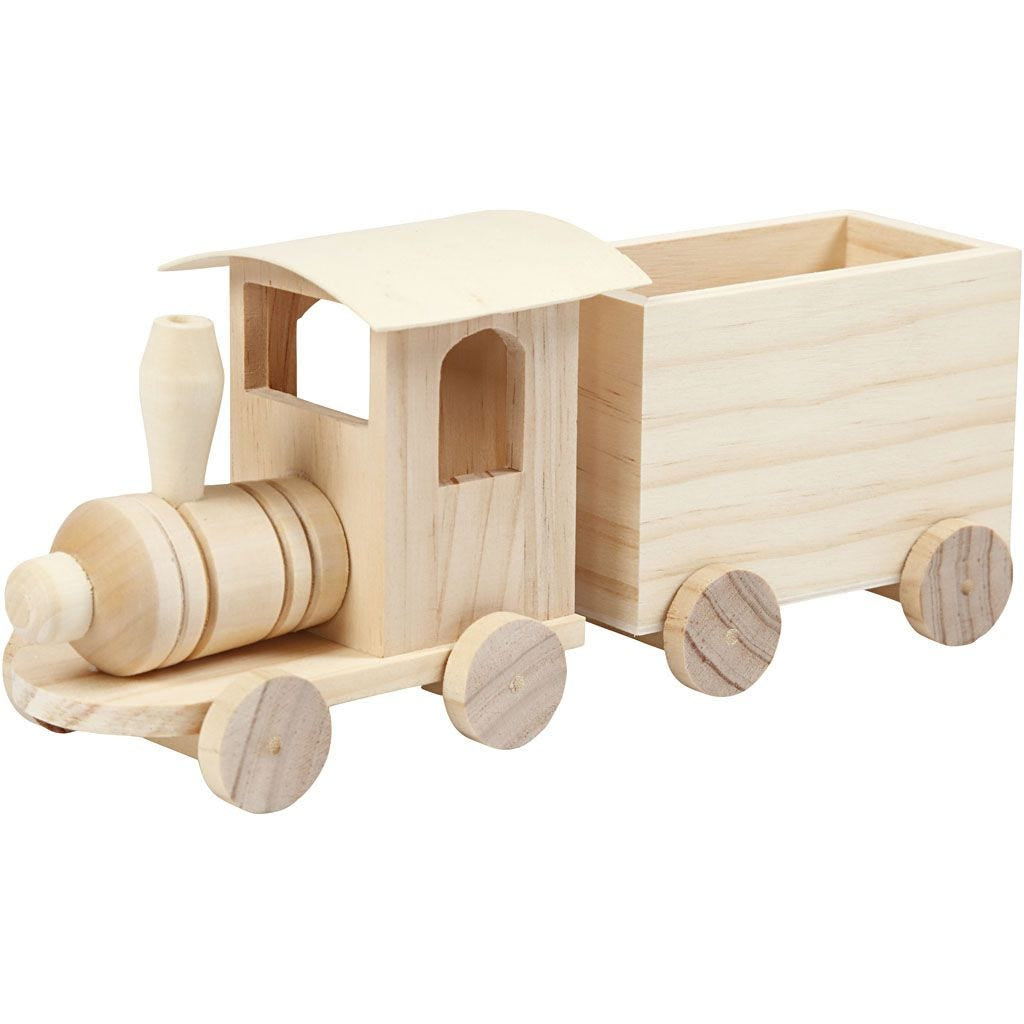 Creativ Company 57977 Holzzug mit Anhänger – 21,5 × 9,5 × 6,5 cm – 2 Stück – Holz, Hellbraun