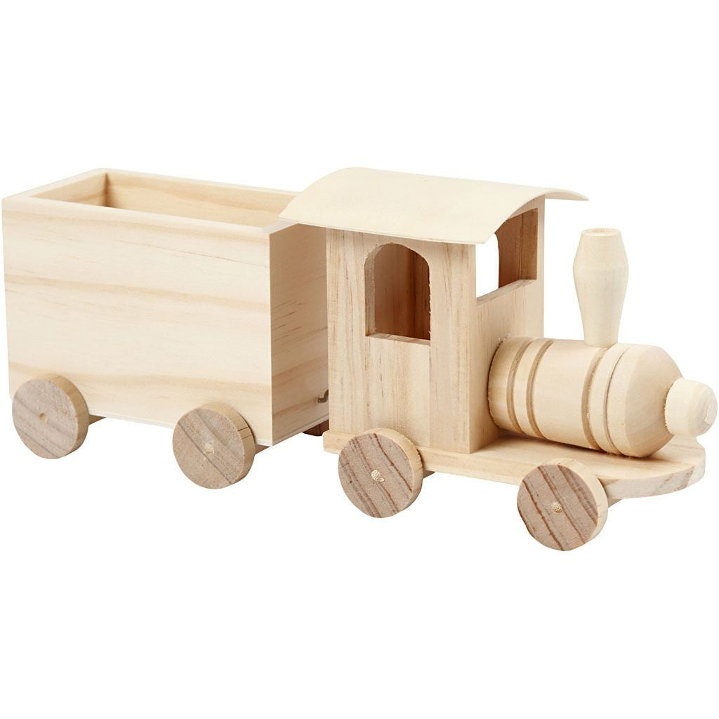 Creativ Company 57977 Holzzug mit Anhänger – 21,5 × 9,5 × 6,5 cm – 2 Stück – Holz, Hellbraun