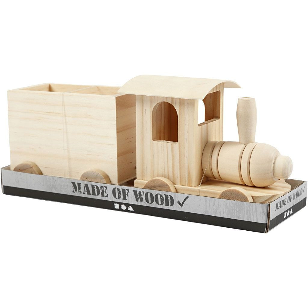 Creativ Company 57977 Holzzug mit Anhänger – 21,5 × 9,5 × 6,5 cm – 2 Stück – Holz, Hellbraun