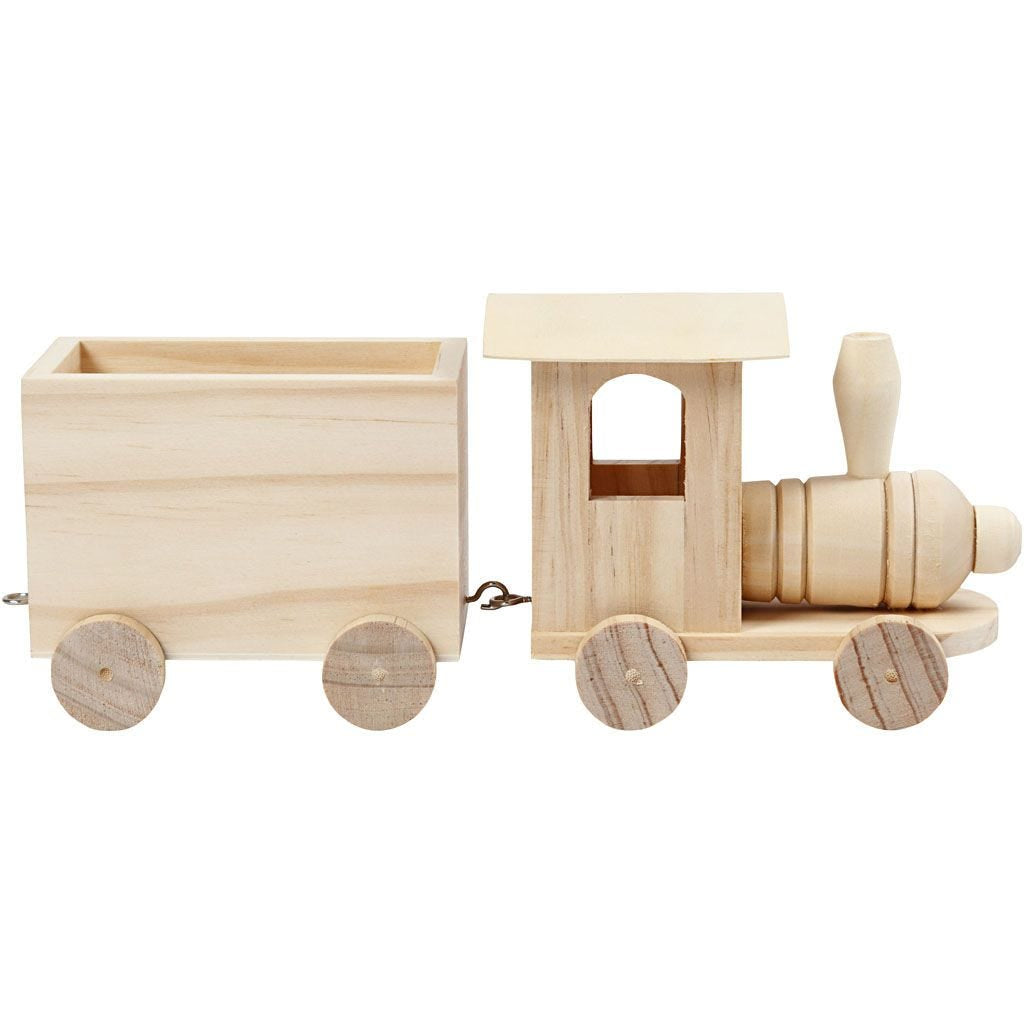 Creativ Company 57977 Holzzug mit Anhänger – 21,5 × 9,5 × 6,5 cm – 2 Stück – Holz, Hellbraun