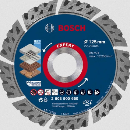 Bosch Professionelle EXPERT MultiMaterial Diamanttrennscheibe 125 × 22,2 × 2,2 mm – für Mauerwerk & Beton – 1 St