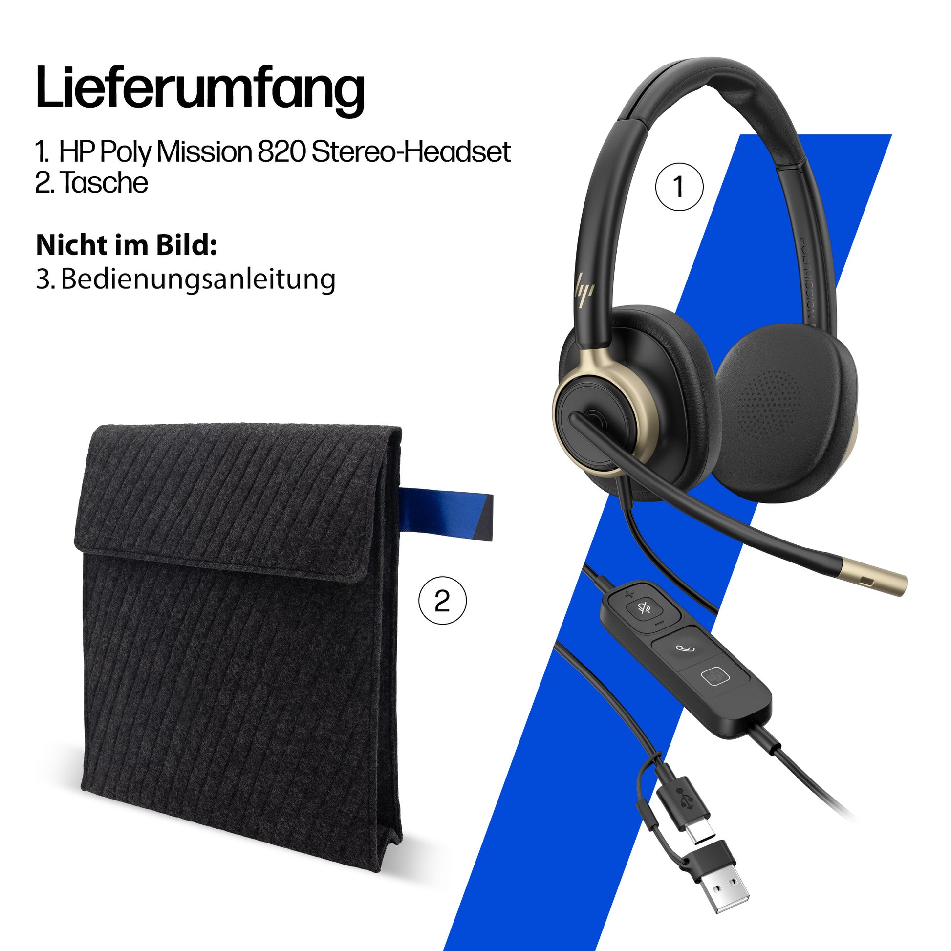 HP Poly Mission 825 Office-Headset – Stereo, Kabel (USB-C), ANC, Schwarz