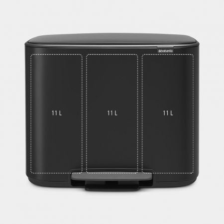 Brabantia Systempapierkorb – 3 × 11 l – Kunststoff, Schwarz matt – Pedal, rutschfeste Standfläche