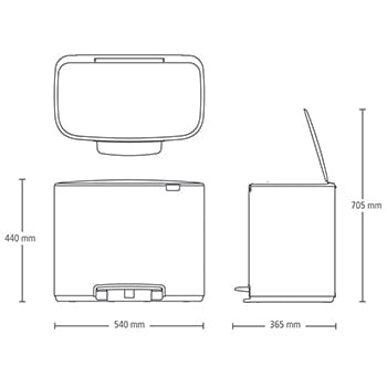 Brabantia Systempapierkorb – 3 × 11 l – Kunststoff, Schwarz matt – Pedal, rutschfeste Standfläche