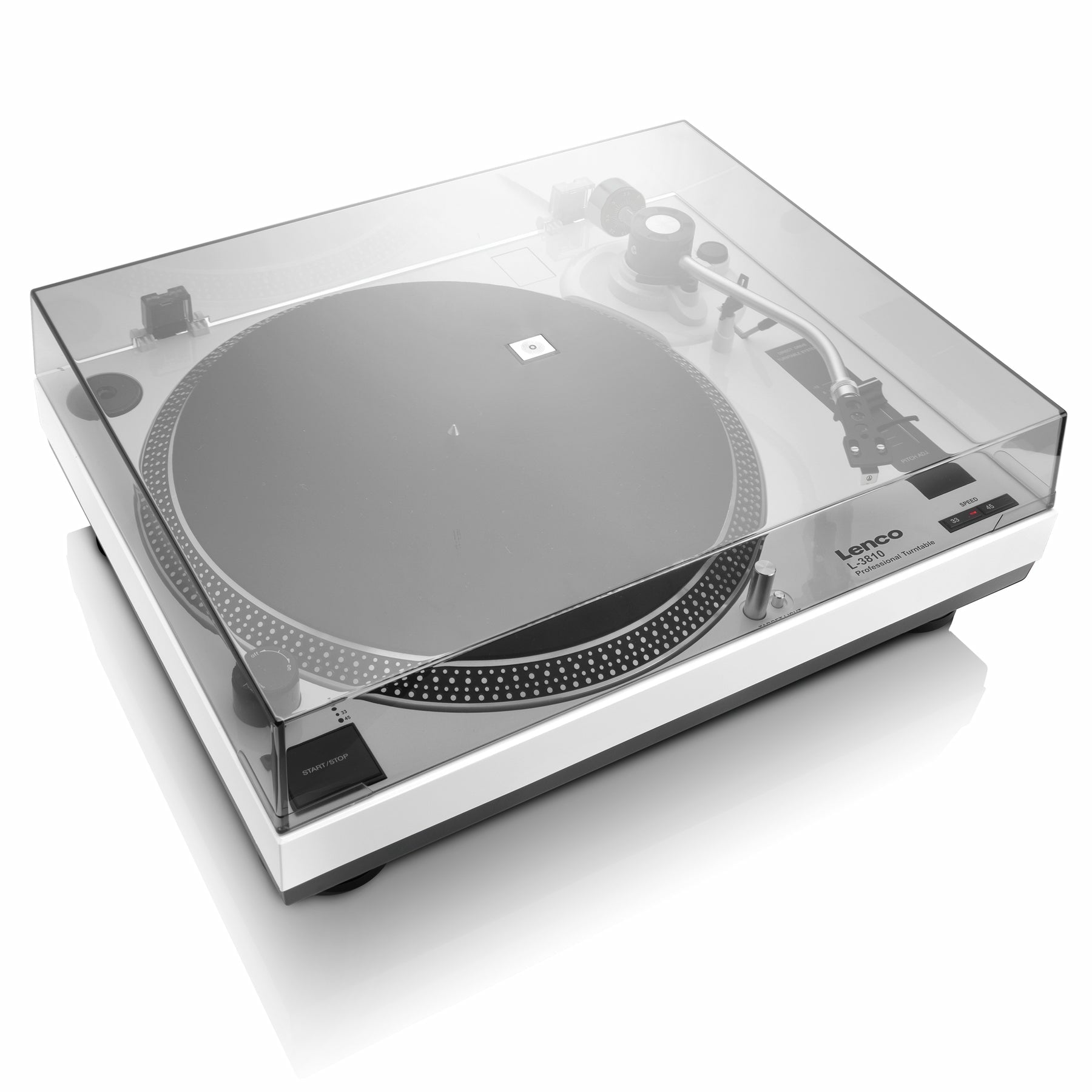Lenco L-3810 – Plattenspieler (Direktantrieb, manuell), Phono-Vorverstärker, 33⅓/45 U/min – Weiss