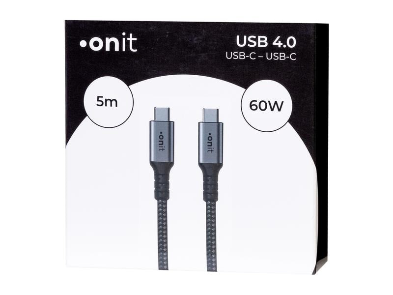 ONIT USB-C auf USB-C Kabel – USB4 20 Gbit/s – 5 m – PD 60 W – Textilmantel – Schwarz/Grau