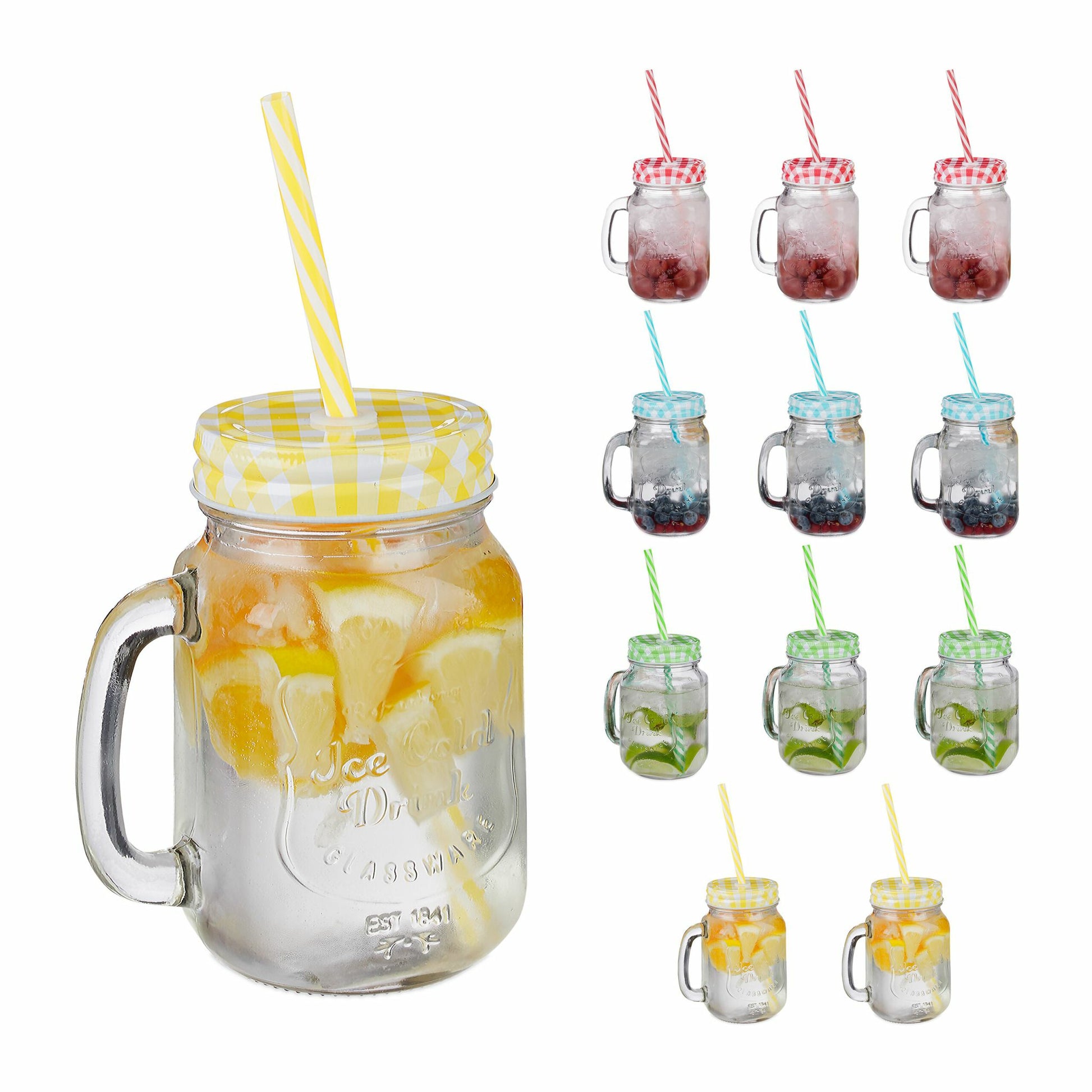 Relaxdays Trinkglas – 12er Set, 500 ml, 11 × 8 × 13,5 cm, Glas, Mehrfarbig, spülmaschinenfest