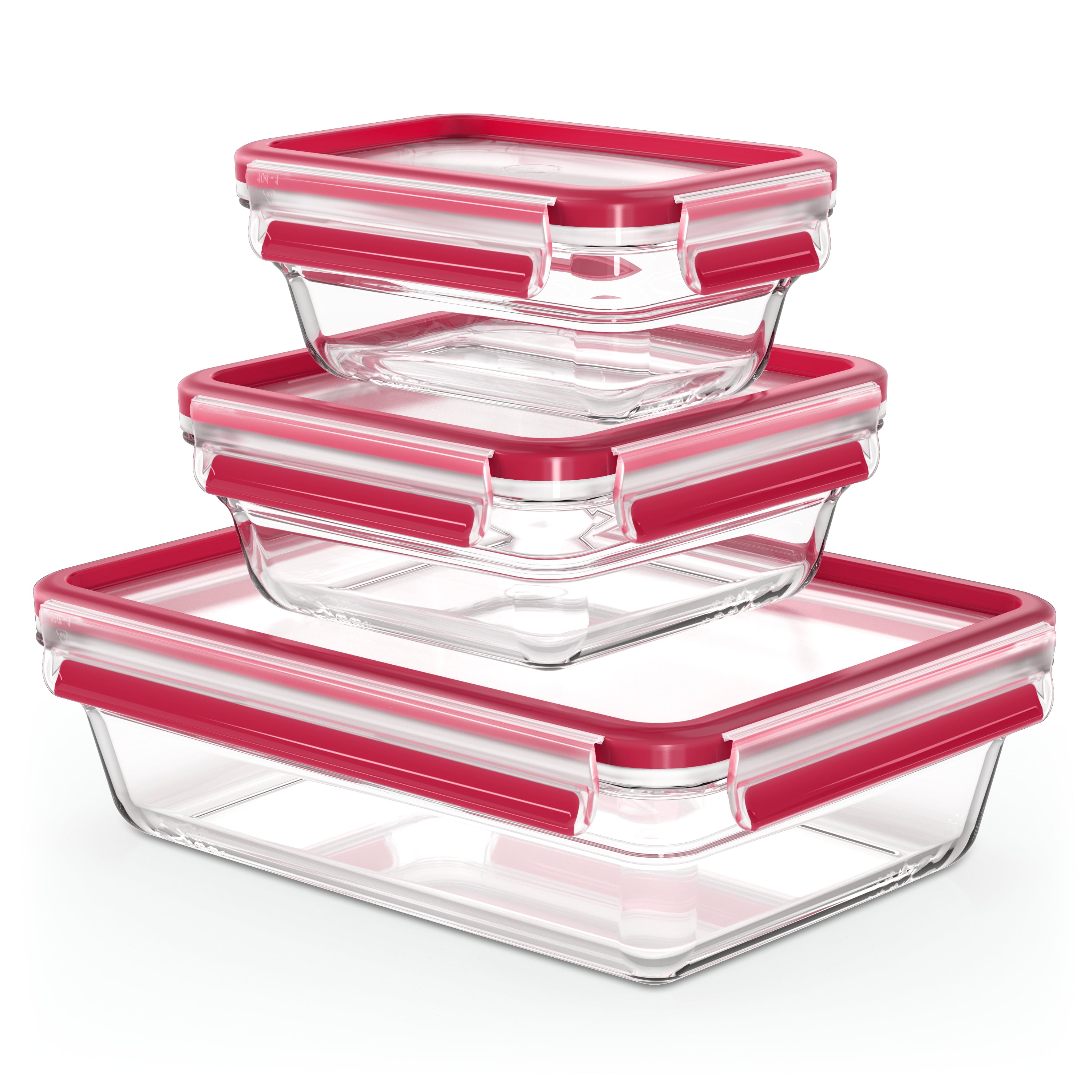 EMSA Vorratsbehälter Clip & Close – 0,45/0,8/2,0 l – eckig – 19,7 × 15,8 × 28,0 cm – Glas – rot – 3-teilig
