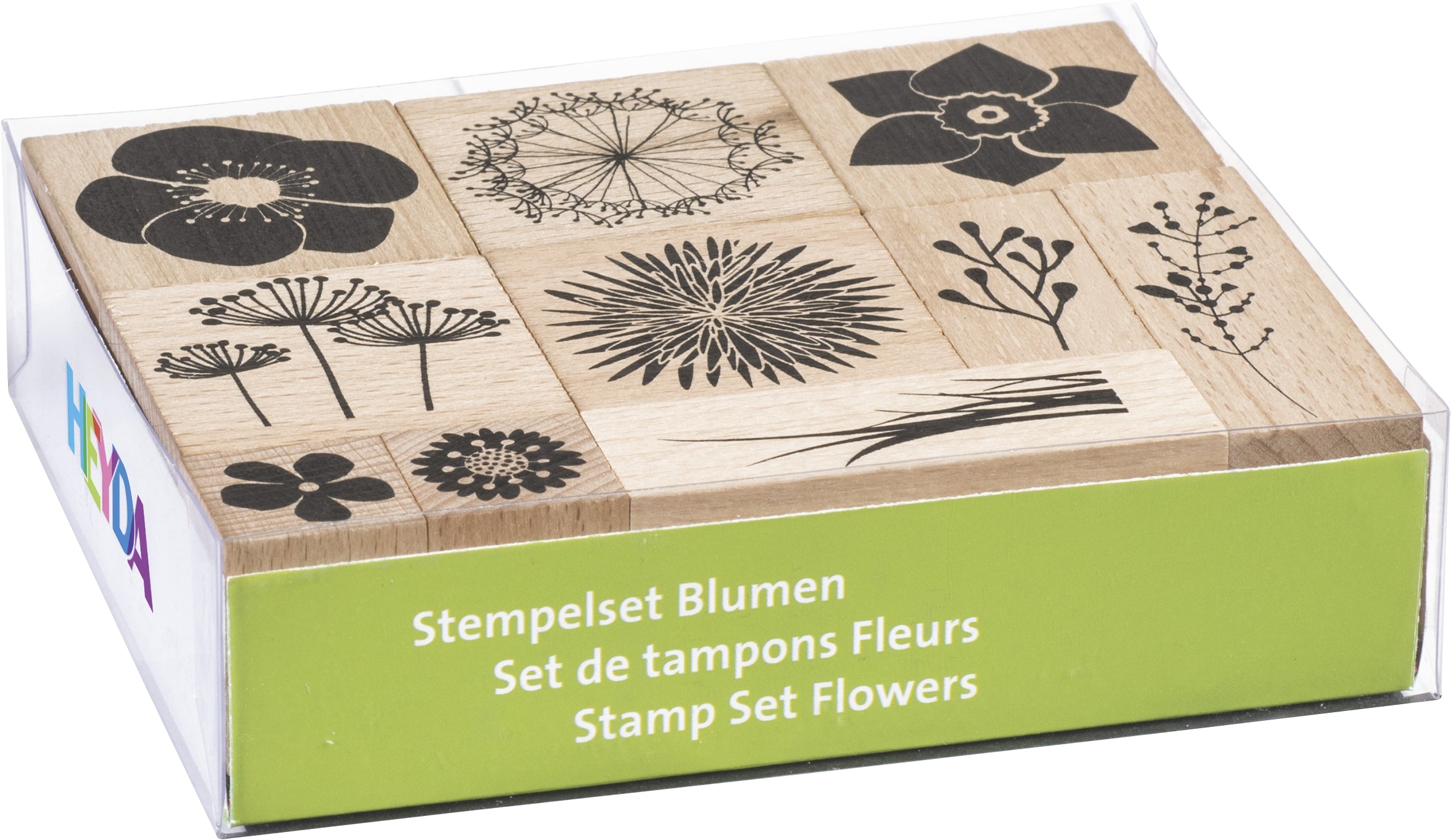 HEYDA Stempel-Set – Blumen – 10 Stempel – Ahorn – 120 × 100 × 30 mm