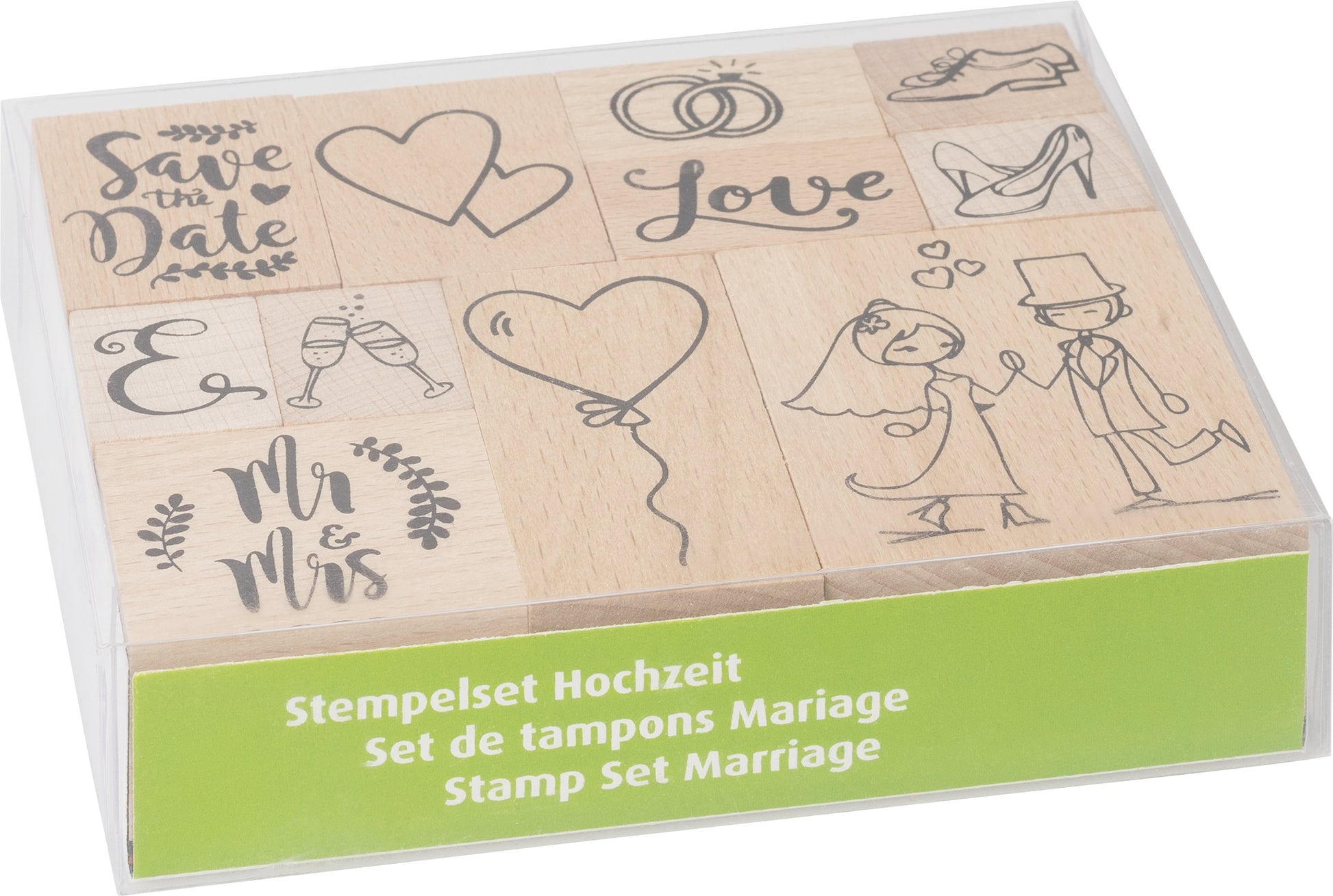 HEYDA Stempel-Set – Hochzeit – 11 Stempel – Holz – 120 × 100 × 30 mm