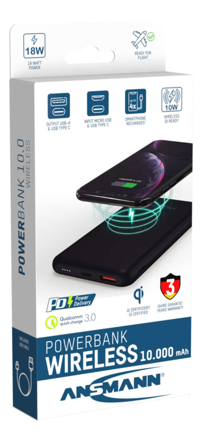 Ansmann PB218 Wireless Powerbank 10'000 mAh – 18 W PD, Wireless 10 W, 1× USB-C, 1× USB-A, schwarz