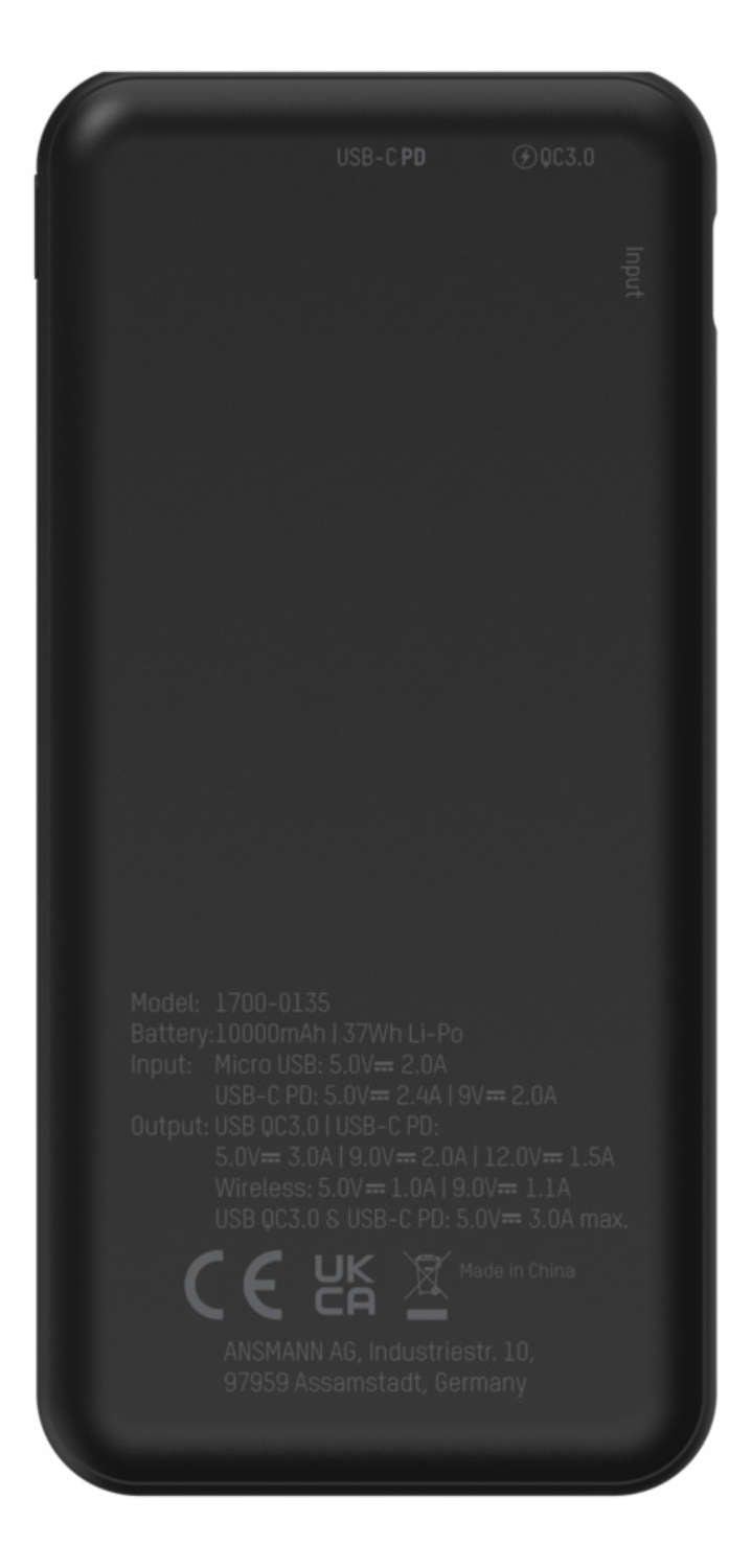 Ansmann PB218 Wireless Powerbank 10'000 mAh – 18 W PD, Wireless 10 W, 1× USB-C, 1× USB-A, schwarz