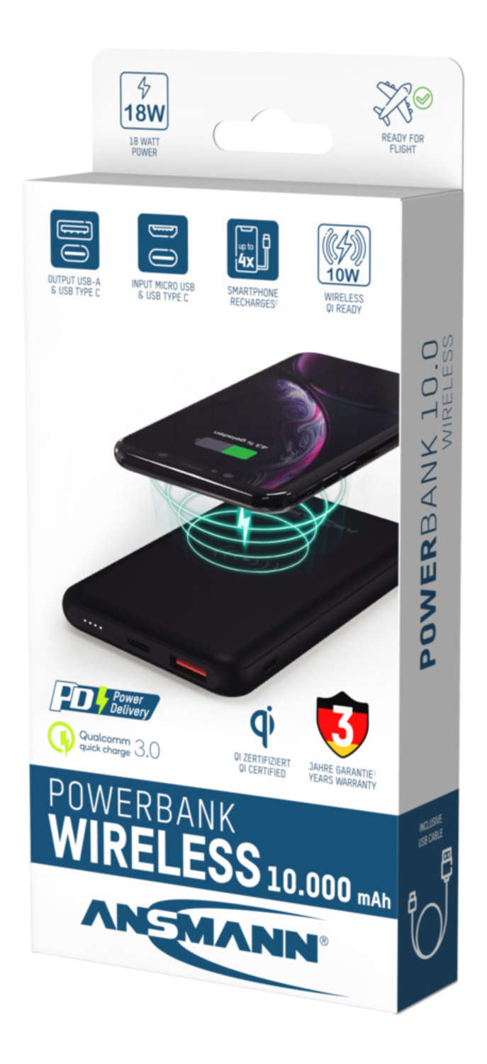 Ansmann PB218 Wireless Powerbank 10'000 mAh – 18 W PD, Wireless 10 W, 1× USB-C, 1× USB-A, schwarz