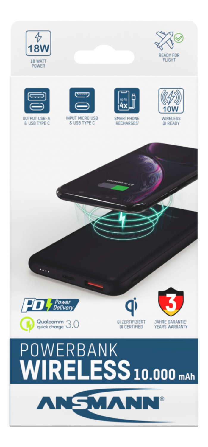 Ansmann PB218 Wireless Powerbank 10'000 mAh – 18 W PD, Wireless 10 W, 1× USB-C, 1× USB-A, schwarz