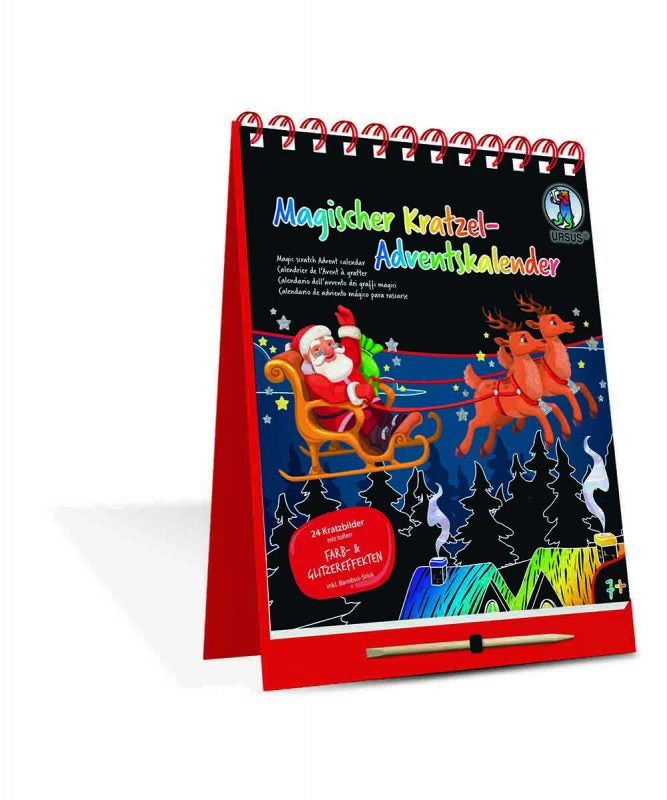 URSUS Kratzel-Adventskalender – weihnachtliche Motive – 16,5 × 21 cm – 24-teilig – inkl. Bambus-Stick
