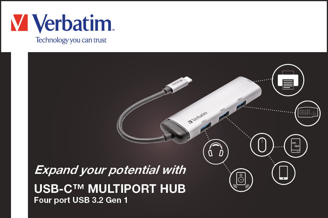 Verbatim USB-Hub – USB-C, 4× USB-A, für Windows/Mac