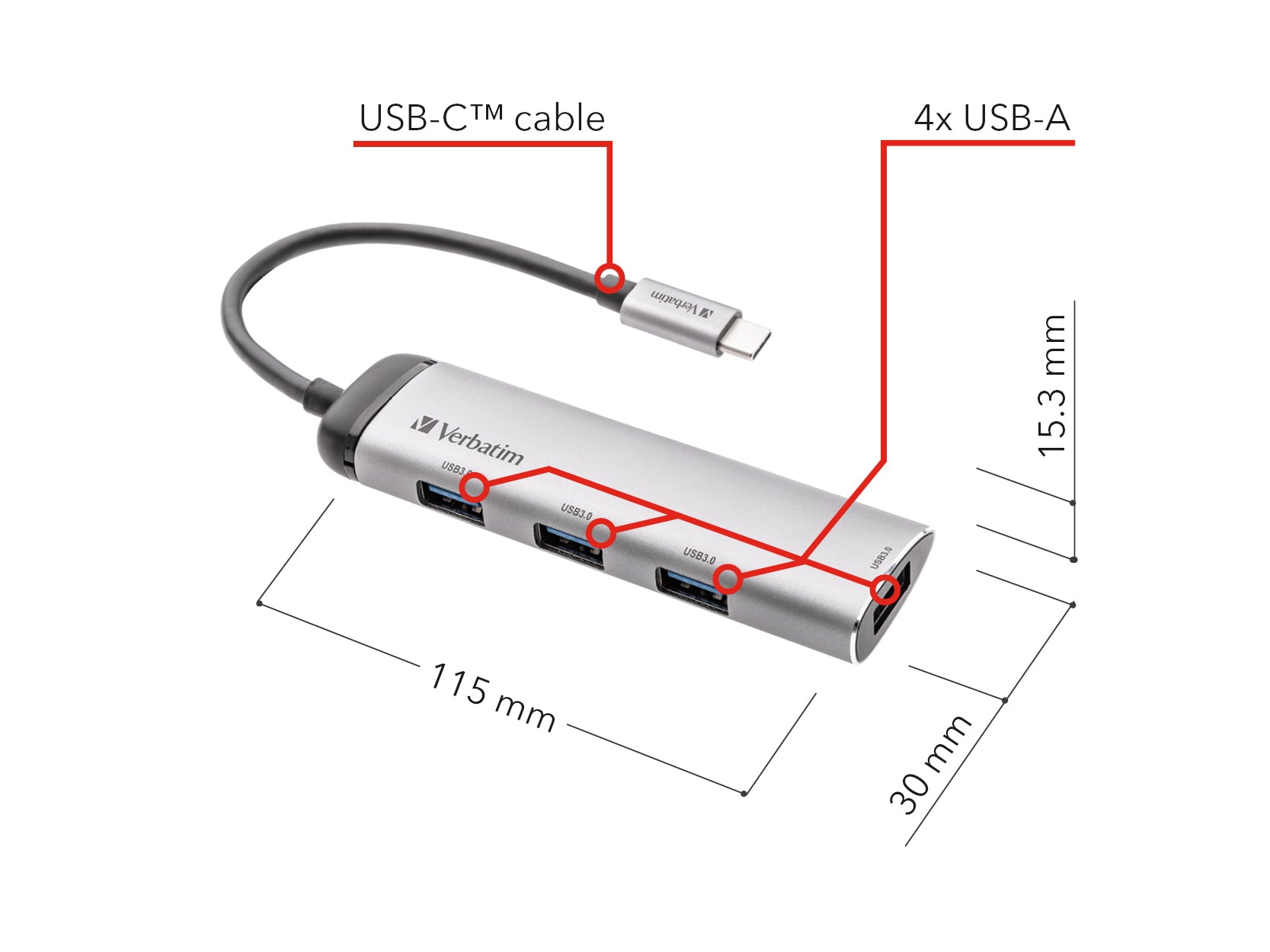 Verbatim USB-Hub – USB-C, 4× USB-A, für Windows/Mac