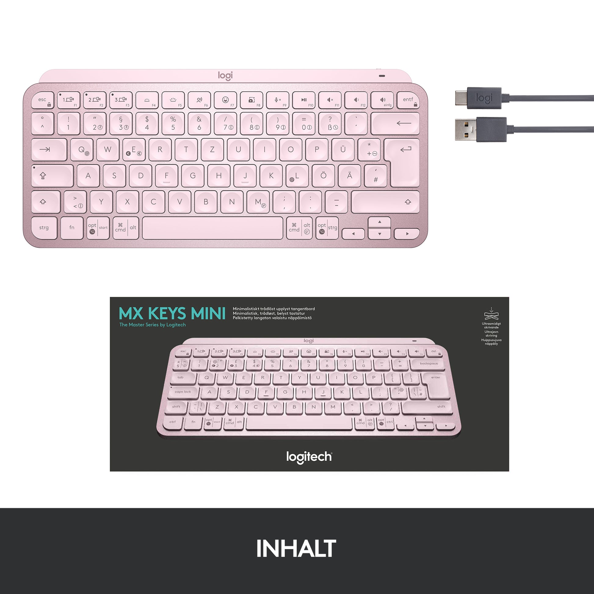 Logitech MX Keys Mini – Tastatur, kabellos, CH-Layout (DE-CH), beleuchtet, Rosa