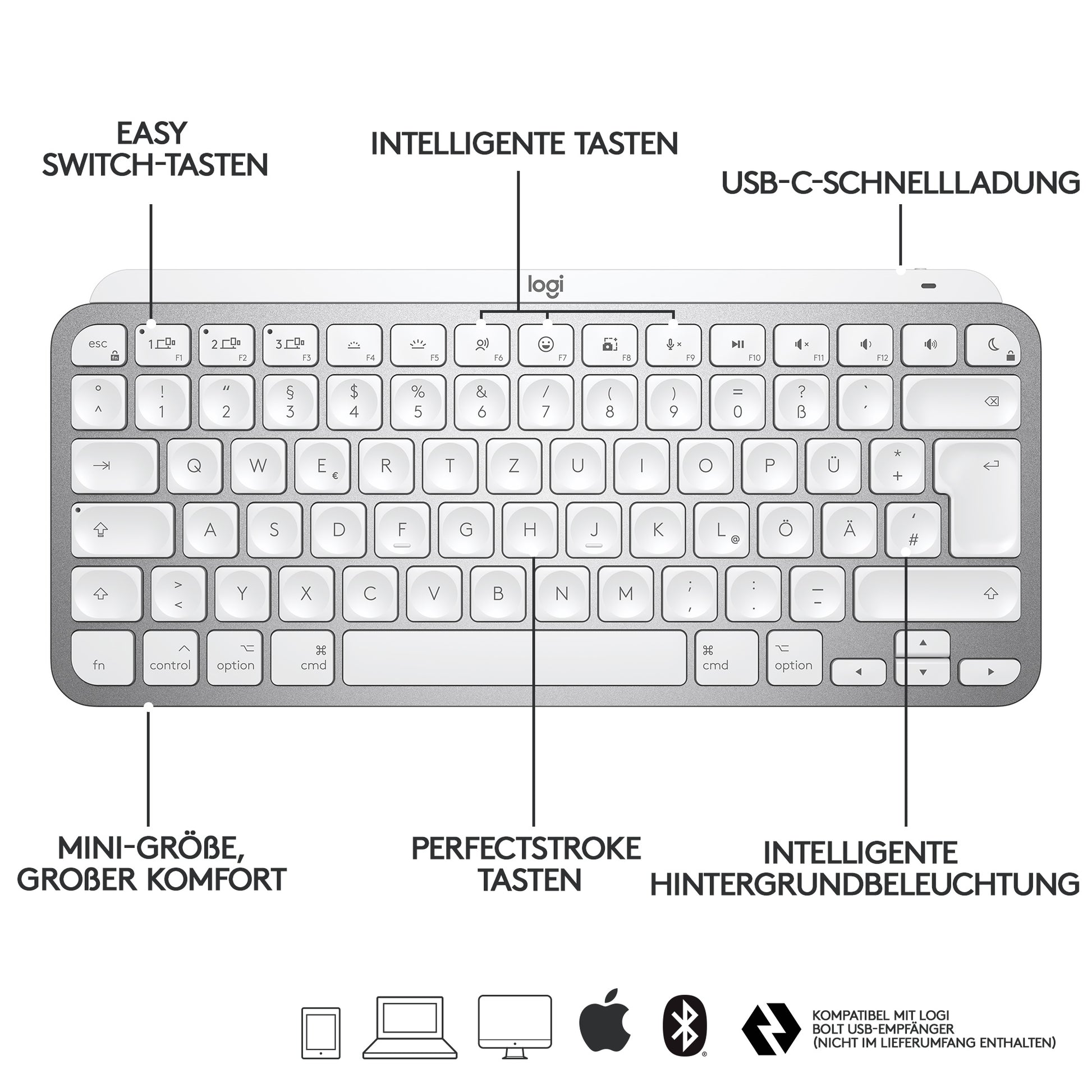 Logitech MX Keys Mini für Mac – Tastatur, kabellos (Bluetooth), DE-Layout (DE) – für macOS, iPadOS & iOS