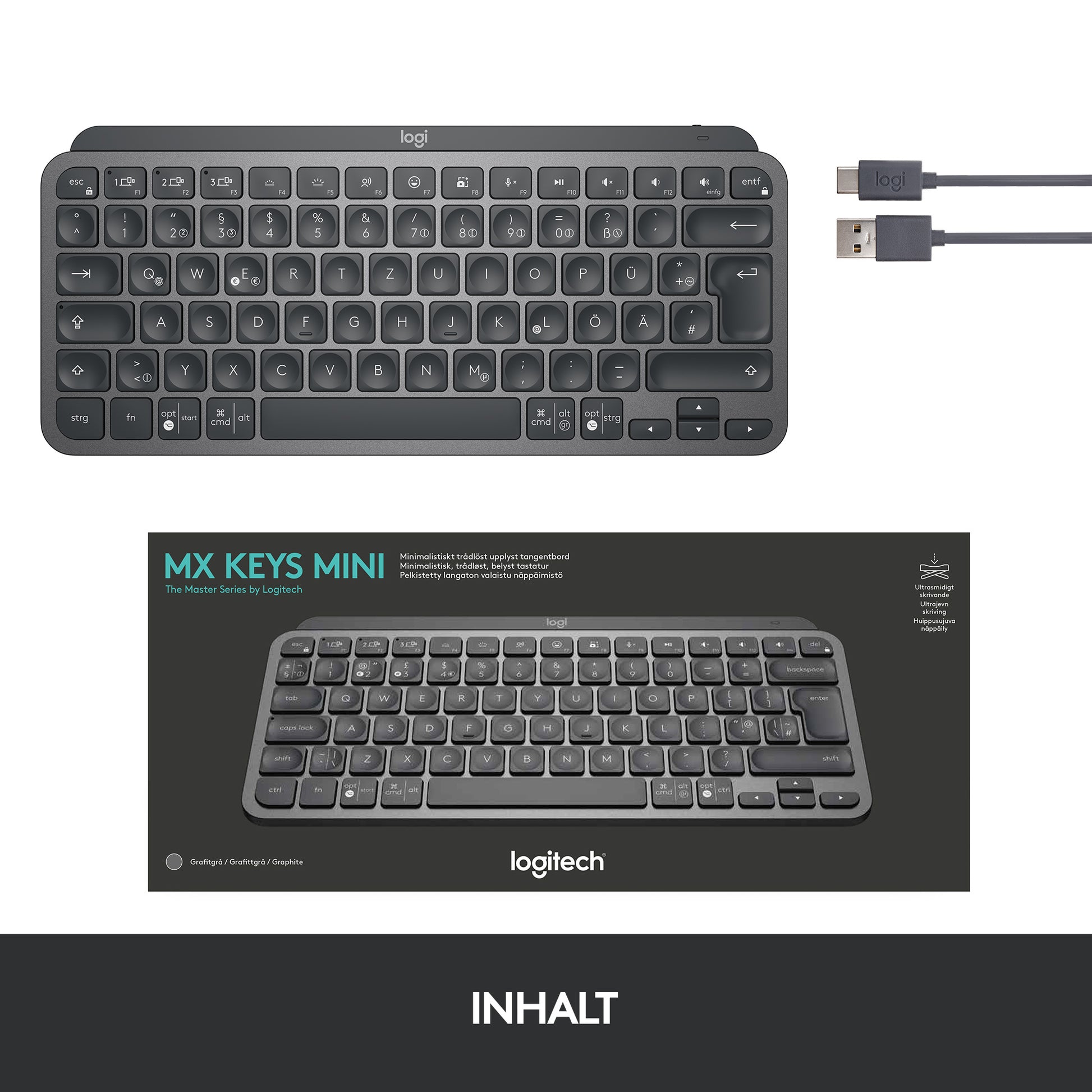 Logitech MX Keys Mini – Tastatur, kabellos (Bluetooth), DE-Layout (DE), Dunkelgrau