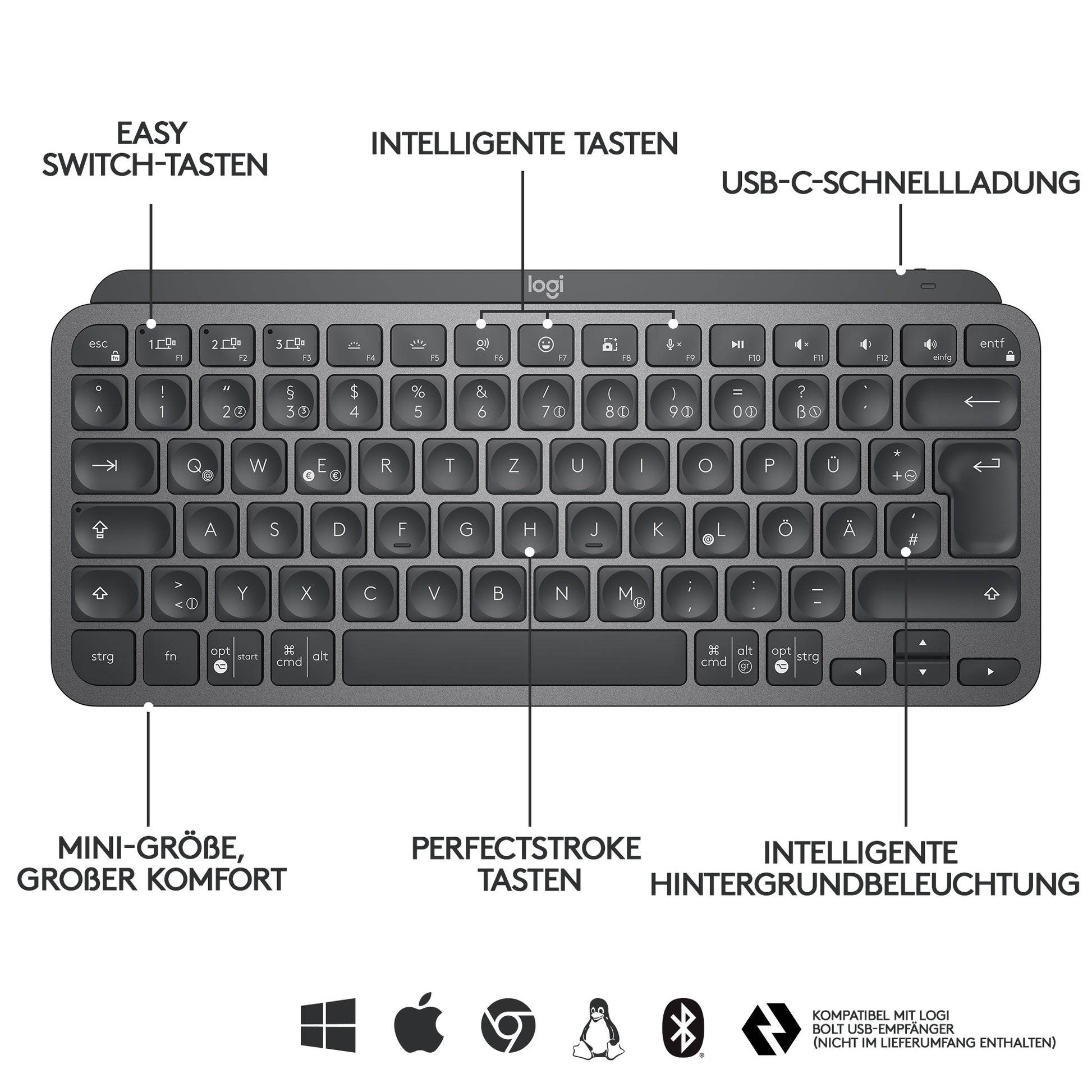 Logitech MX Keys Mini – Tastatur, kabellos (Bluetooth), DE-Layout (DE), Dunkelgrau